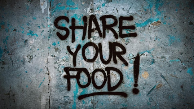 a graffiti wall with the words share your food