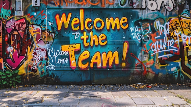 Graffiti Welcome to the Team Street Art Vibrant street art with graffiti text Welcome to the Team on urban walls celebrating new team members with colorful designs