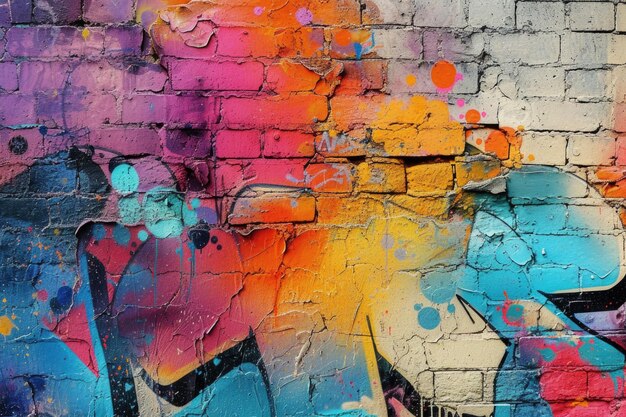 A graffiticovered urban brick wall showcasing vibrant street art and textures