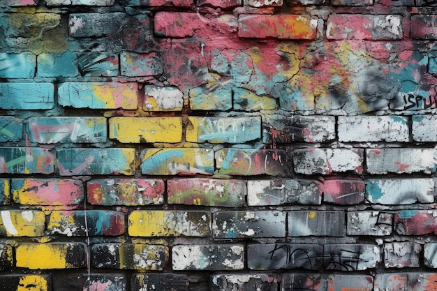 A graffiticovered urban brick wall showcasing vibrant street art and textures