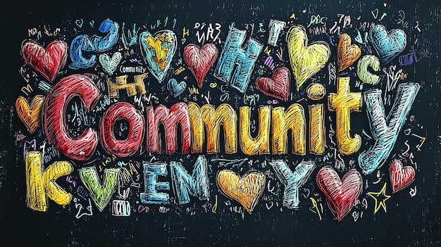 Graffitistyle illustration of Community surrounded by colorful hearts and art