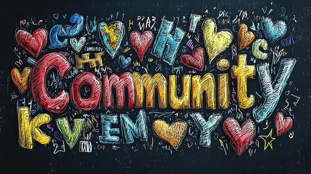 Photo graffitistyle illustration of community surrounded by colorful hearts and art