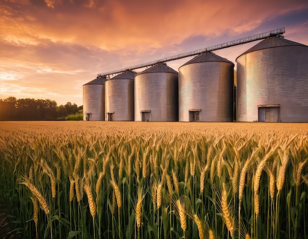 Photo grain elevator and agricultural storage containers silos storing agriculture crop in countryside