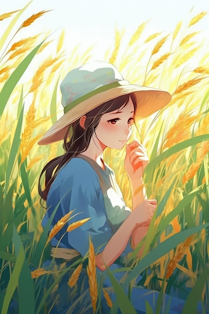 Grain solar term girl in wheat field wheat grain growing plant background