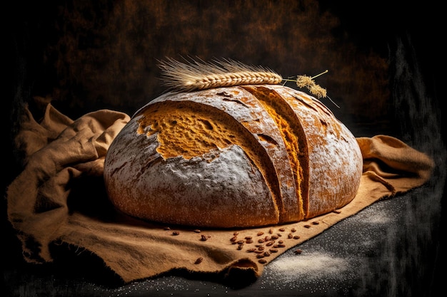 Grain traditional organic bread in wheat flour on dark background