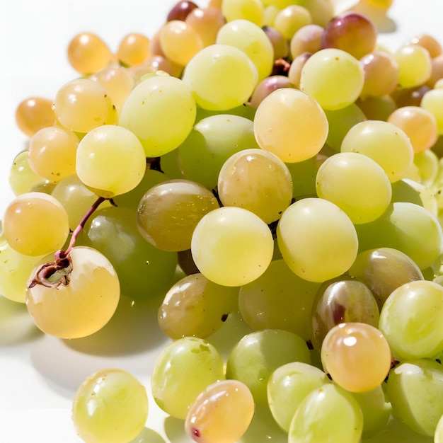 Grains of shine muscat grapes and cut shine muscat grapes on a white background White grapes