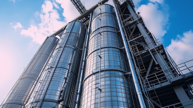 Photo granary elevator silver silos on agro manufacturing plant for processing drying clea generative ai