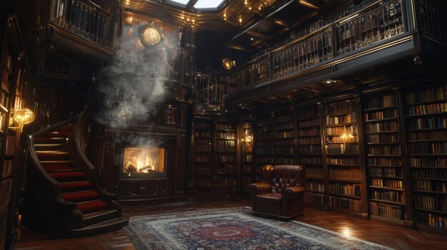 Photo a grand antique library with a fireplace a staircase and leather armchair