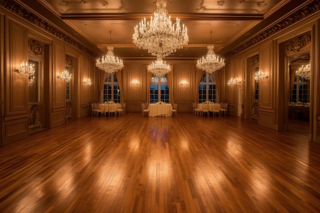 A grand ballroom with elegant chandelier and tables Generative AI