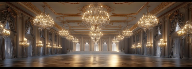 Grand Ballroom with Ornate Chandeliers and Windows