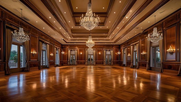 Photo grand ballroom with ornate chandeliers and wooden paneling