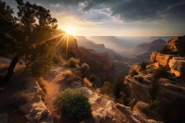 Grand canyon sunrise with the sun peaking over the horizon