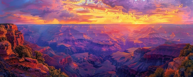 Photo the grand canyon at sunset its vibrant colors painting the sky with hues of gold orange and purple showcasing the grandeur and power of nature