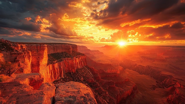 Grand Canyon Sunset with Dramatic Clouds and Sunbeams