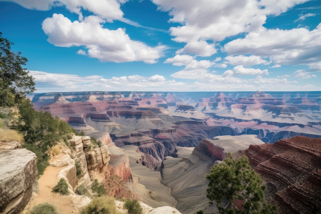 Grand canyon with blue sky and fluffy clouds in the background created with generative ai