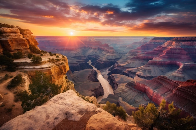 Grand canyon with view of the sunset in dramatic contrast against the sky created with generative ai