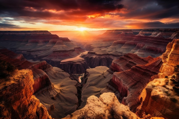 Grand canyon with view of the sunset in dramatic contrast against the sky created with generative ai