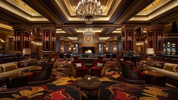 Photo a grand casino lounge with elegant furniture warm lighting and a cozy ambiance guests can re