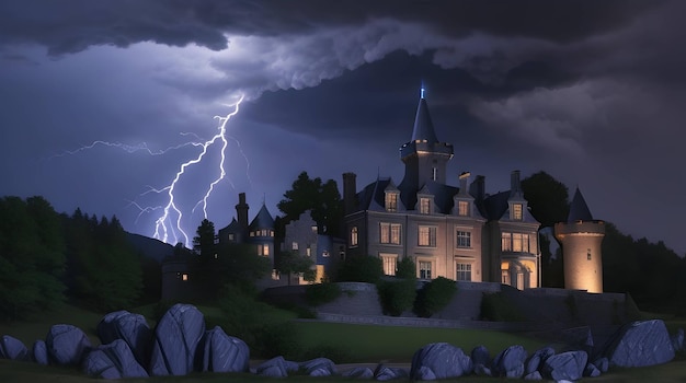 A grand castle mansion illuminated by a single lightning strike generated by AI