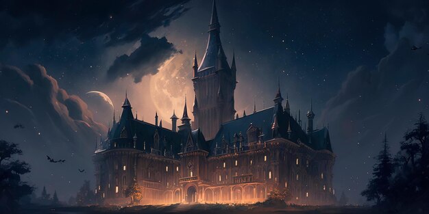 Grand castle with spires reaching into the clouds set against a starry night sky Generative AI