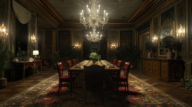 Grand Dining Room with Ornate Chandelier and Floral Centerpiece