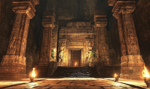 A grand entrance to a cave temple with ancient carvi