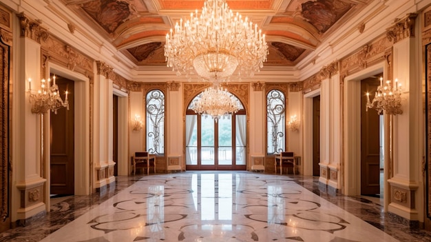 The grand entrance to a lavish hotel with crystal chandeliers and marble floors Generative AI