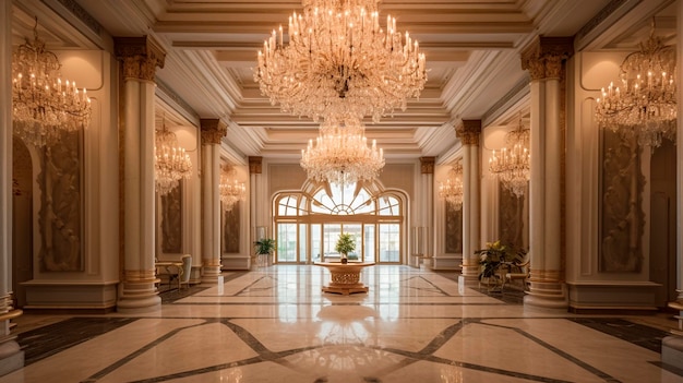 The grand entrance to a lavish hotel with crystal chandeliers and marble floors Generative AI