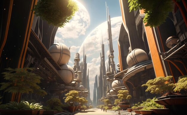 Photo a grand futuristic city with towering structures and lush greenery set against a clear sky and a visible planet in the background