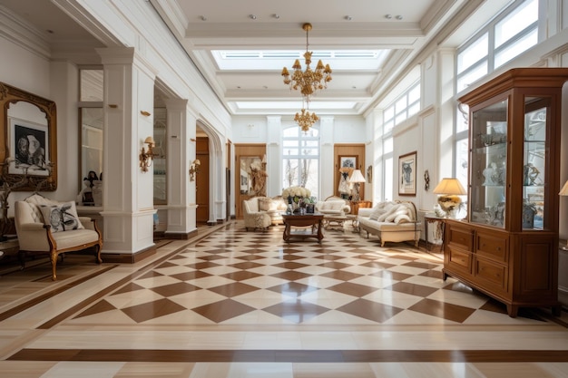 A Grand Hall with a Checkered Floor and Elegant Chandelier