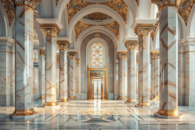 Grand Hall with Marble Pillars and Golden Accents