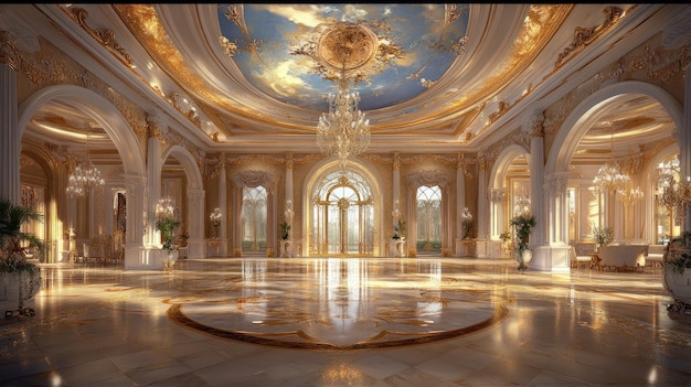 Grand Hall with Ornate Ceiling and Marble Floor