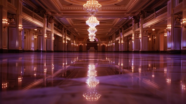 Photo a grand hallway with a chandelier reflection on a polished floor