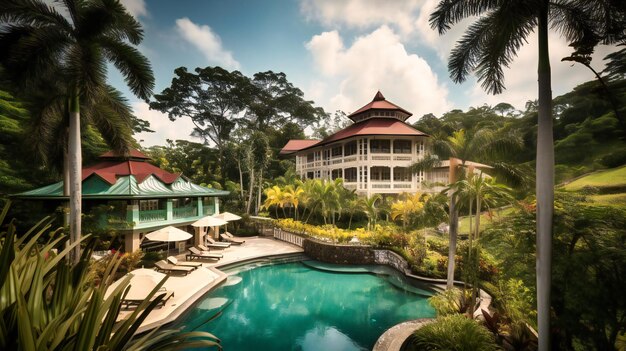 A grand hilltop resort surrounded by lush gardens and towering trees featuring a majestic colonialstyle mansion with a tranquil pool area