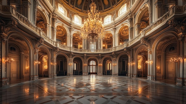 Grand Interior of a Gilded Palace with a Chandelier