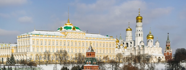 The Grand Kremlin Palace churches and the Spasskaya Tower on the territory of the Kremlin Moscow Russia