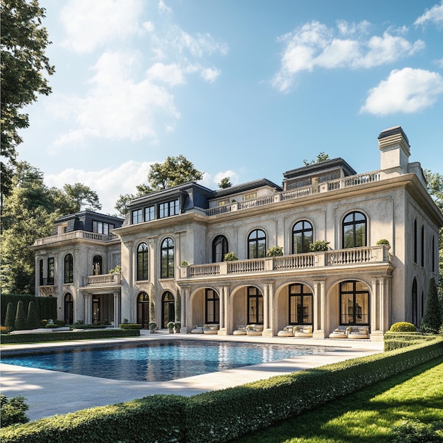 A grand mansion with expansive grounds and elegant architecture