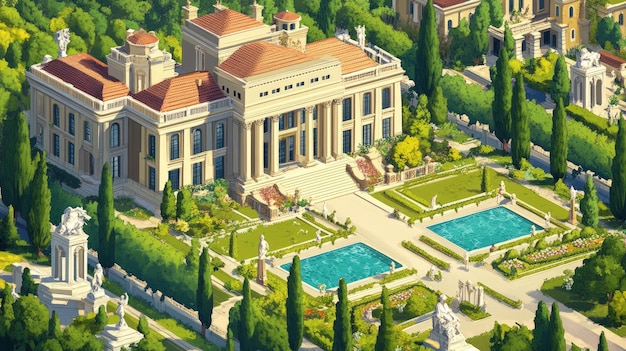 A grand mansion with a manicured garden featuring statues manicured lawns and two swimming pools all seen from an aerial perspective