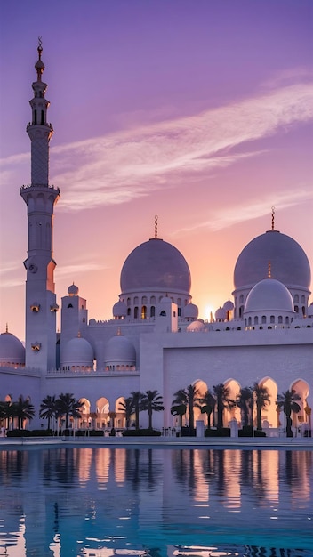 Grand mosque in abu dhabi in the evening during sunset