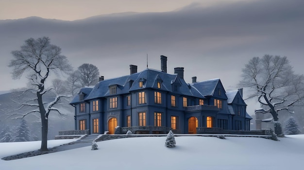 A grand oldfashioned castle mansion surrounded by a blanket of snow generated by AI