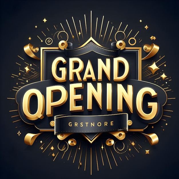 Photo grand opening 3d animation with gold and black text in flat style