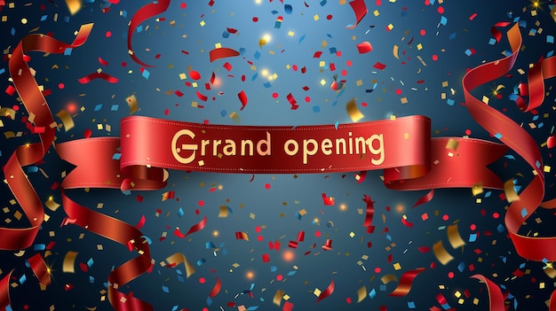 Grand opening card design with red ribbon and colorful confetti