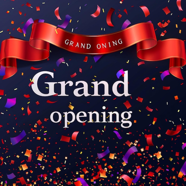 Grand opening card design with red ribbon and colorful confetti