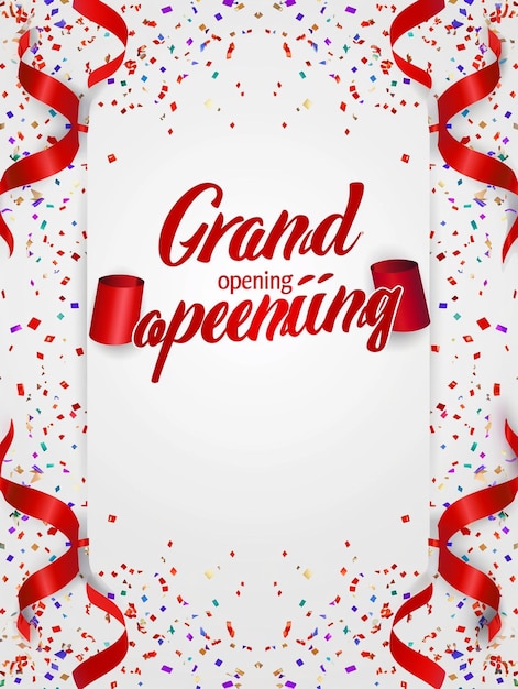 Grand opening card design with red ribbon and colorful confetti