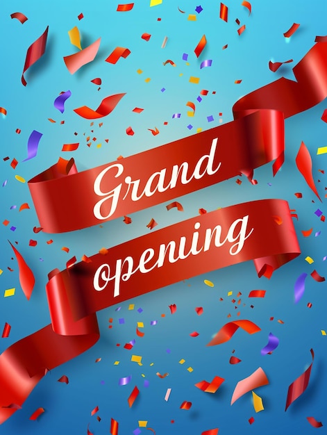 Grand opening card design with red ribbon and colorful confetti