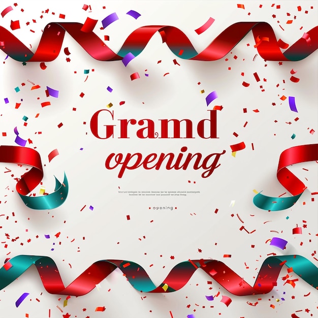 Grand opening card design with red ribbon and colorful confetti