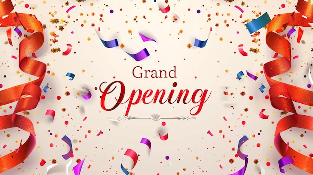 Grand opening card design with red ribbon and colorful confetti