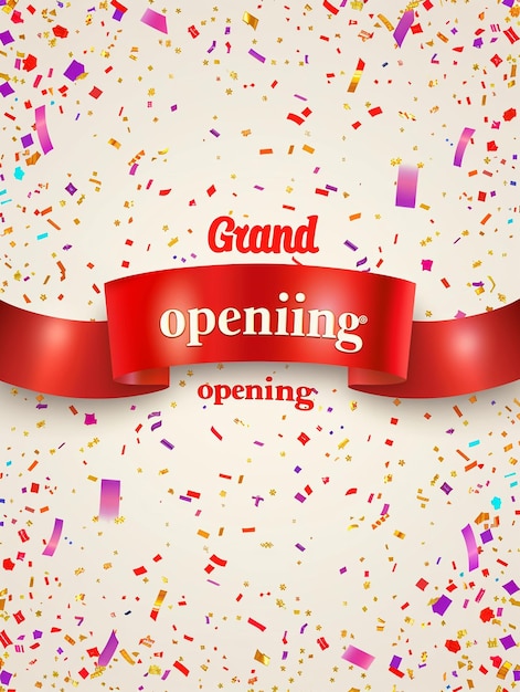 Grand opening card design with red ribbon and colorful confetti