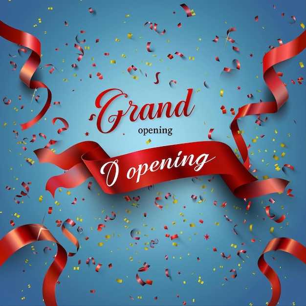 Grand opening card design with red ribbon and colorful confetti