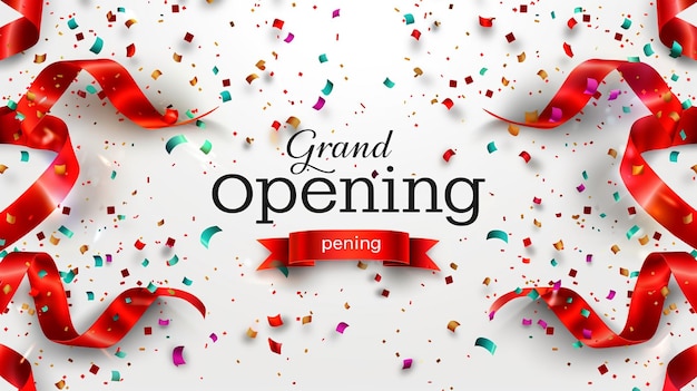 Grand opening card design with red ribbon and colorful confetti